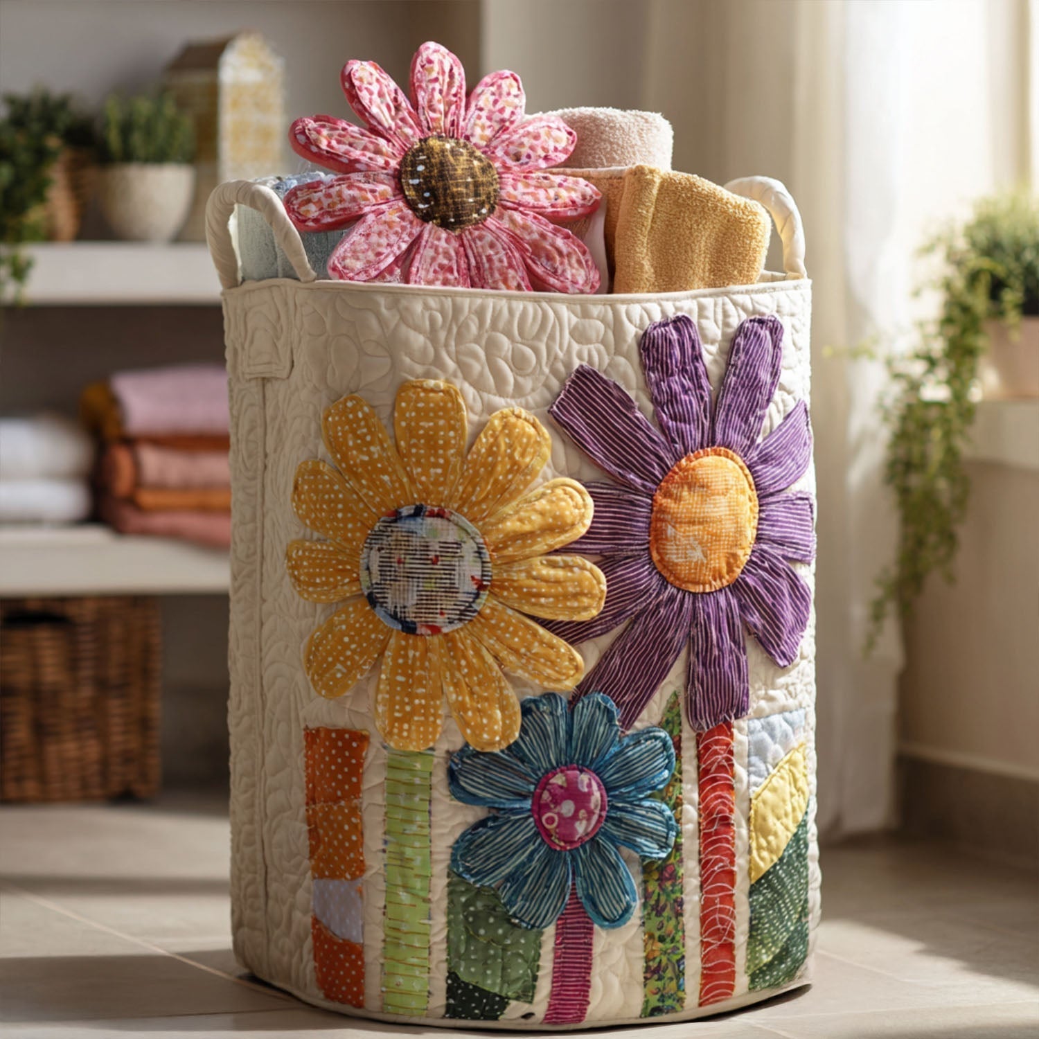 Cesto de Ropa Acolchado – Flores Antiguas (con asas)