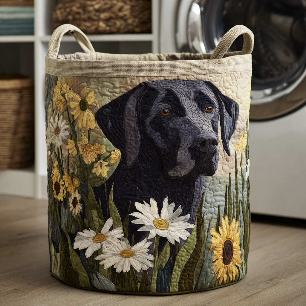 Cesto de Ropa Acolchado – Labrador Negro Florido (con asas)