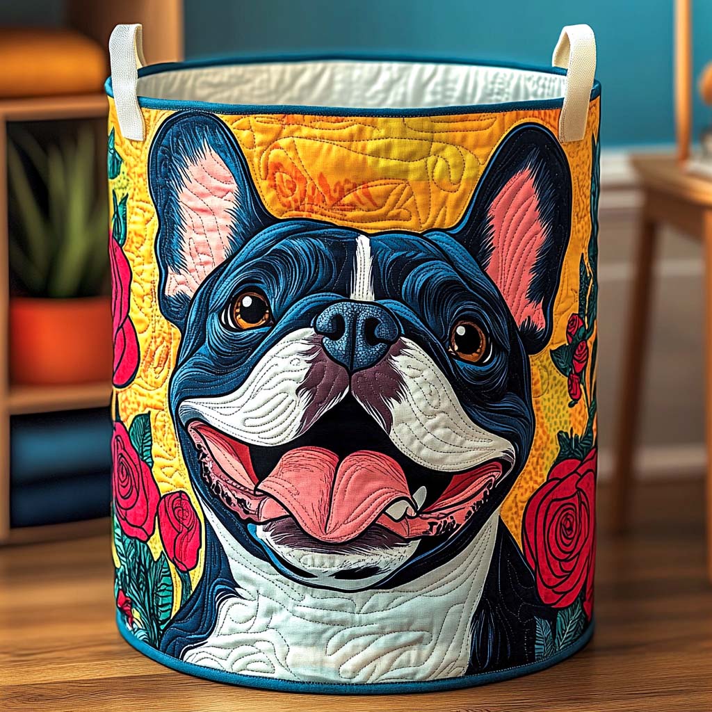 Cesto de Ropa Acolchado – Sonrisa Florida del Bulldog Francés (con asas)
