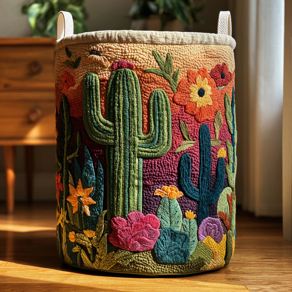 Cesto de Ropa Acolchado – Horizonte de Cactus (con asas)