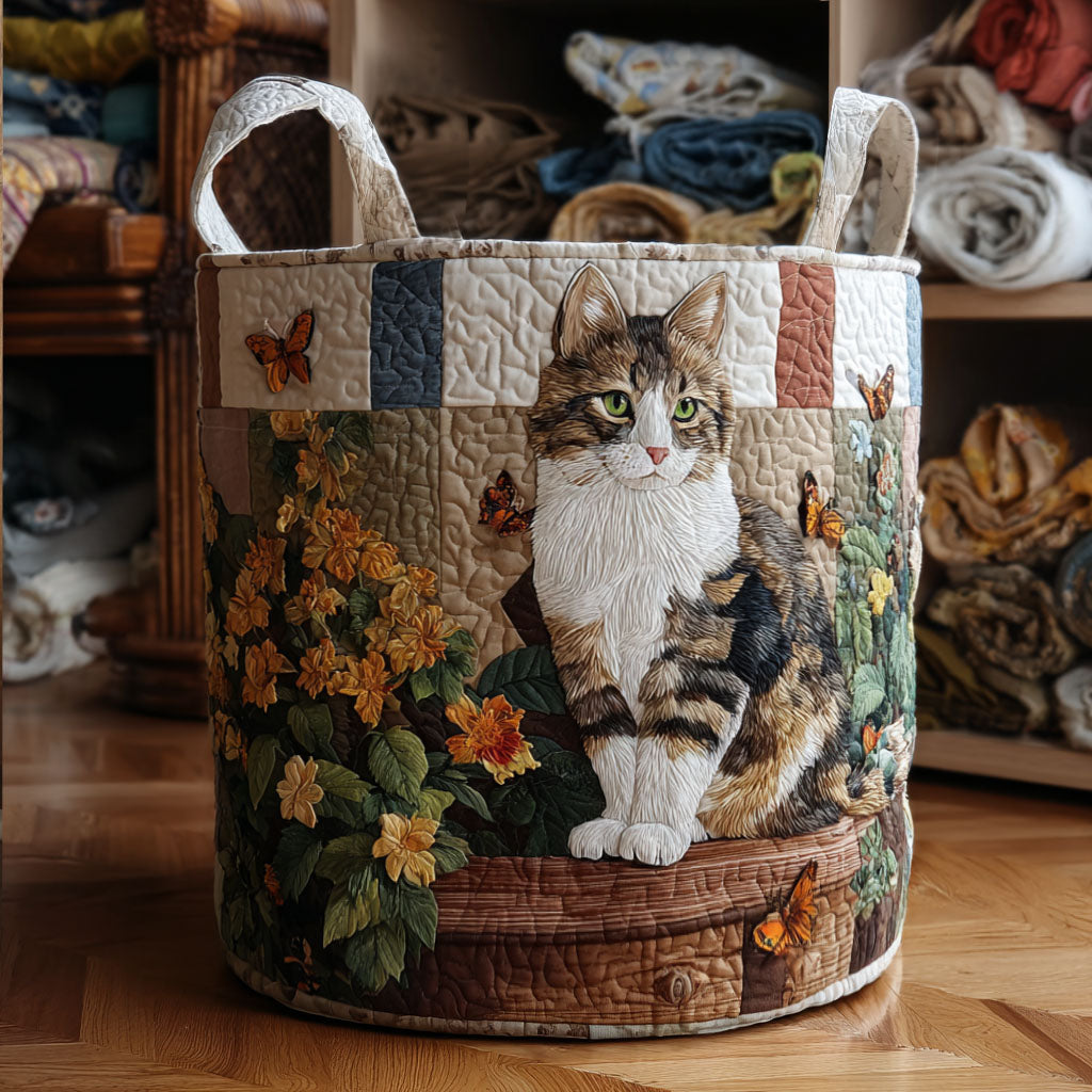Cesto de Ropa Acolchado – Gato entre Pétalos (con asas)