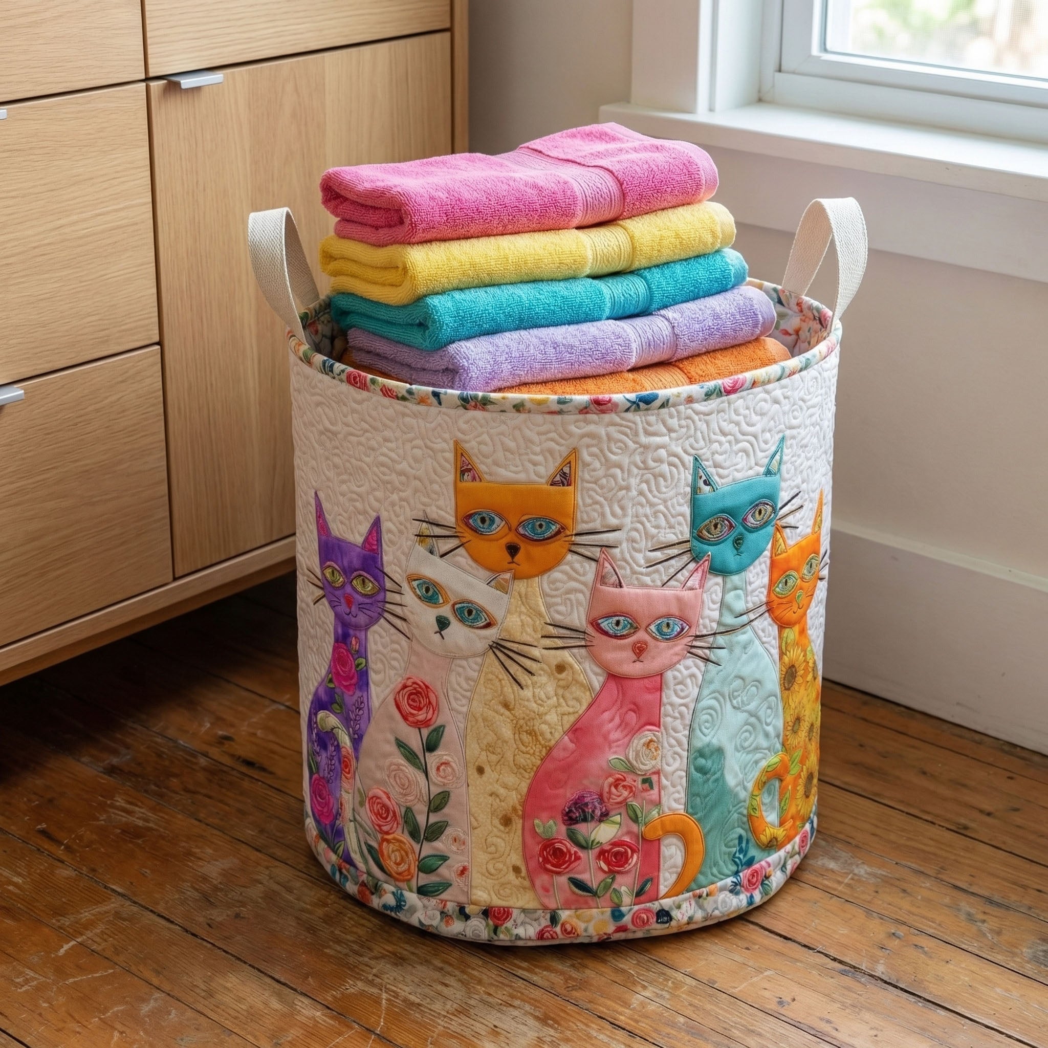 Cesto de Ropa Acolchado – Alegre Grupo de Gatos (con asas)
