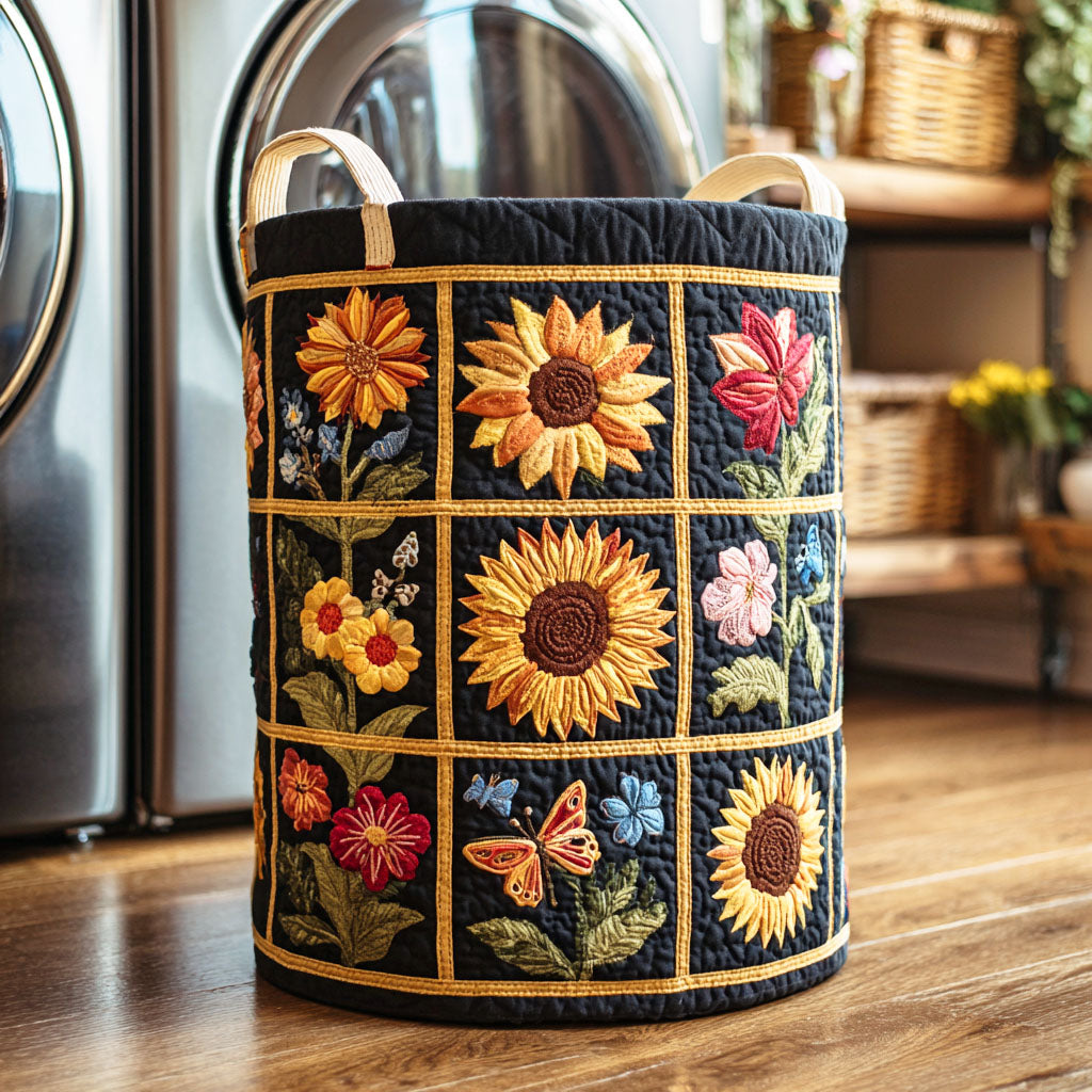Cesto de Ropa Acolchado – Parche Dorado de Girasol (con asas)