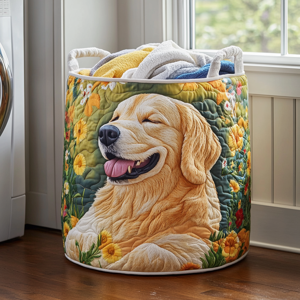 Cesto de Ropa Acolchado – Golden Retriever Florido (con asas)