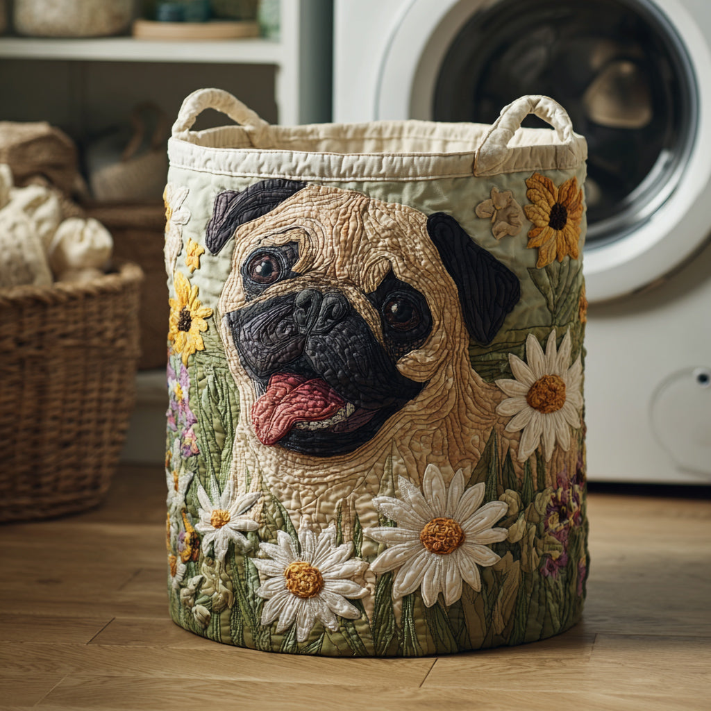 Cesto de Ropa Acolchado – Pug entre Margaritas (con asas)