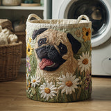 Cesto de Ropa Acolchado – Pug entre Margaritas (con asas)