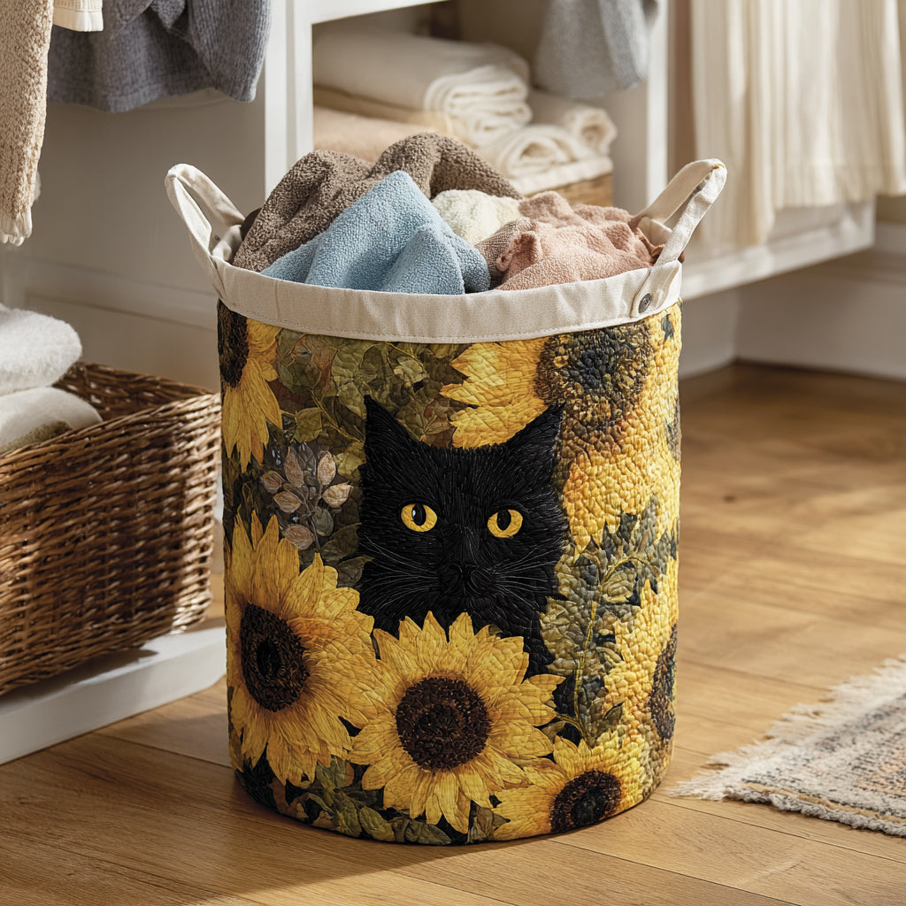 Cesto de Ropa Acolchado – Gato Negro y Girasol (con asas)