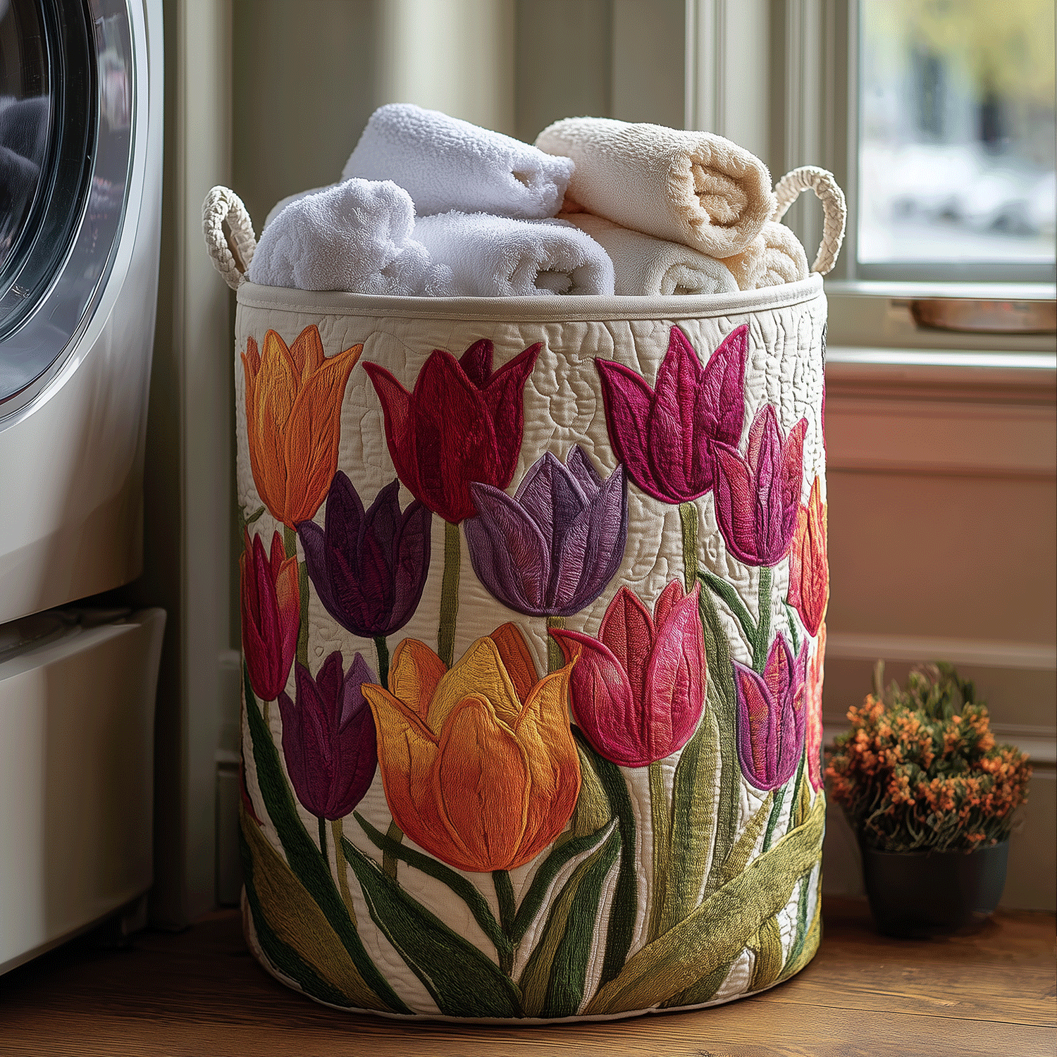 Cesto de Ropa Acolchado – Alegría de los Tulipanes (con asas)